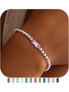 Women's Purple Birthstone Bracelet Silver Plated Beaded Elastic Dainty Jewelry